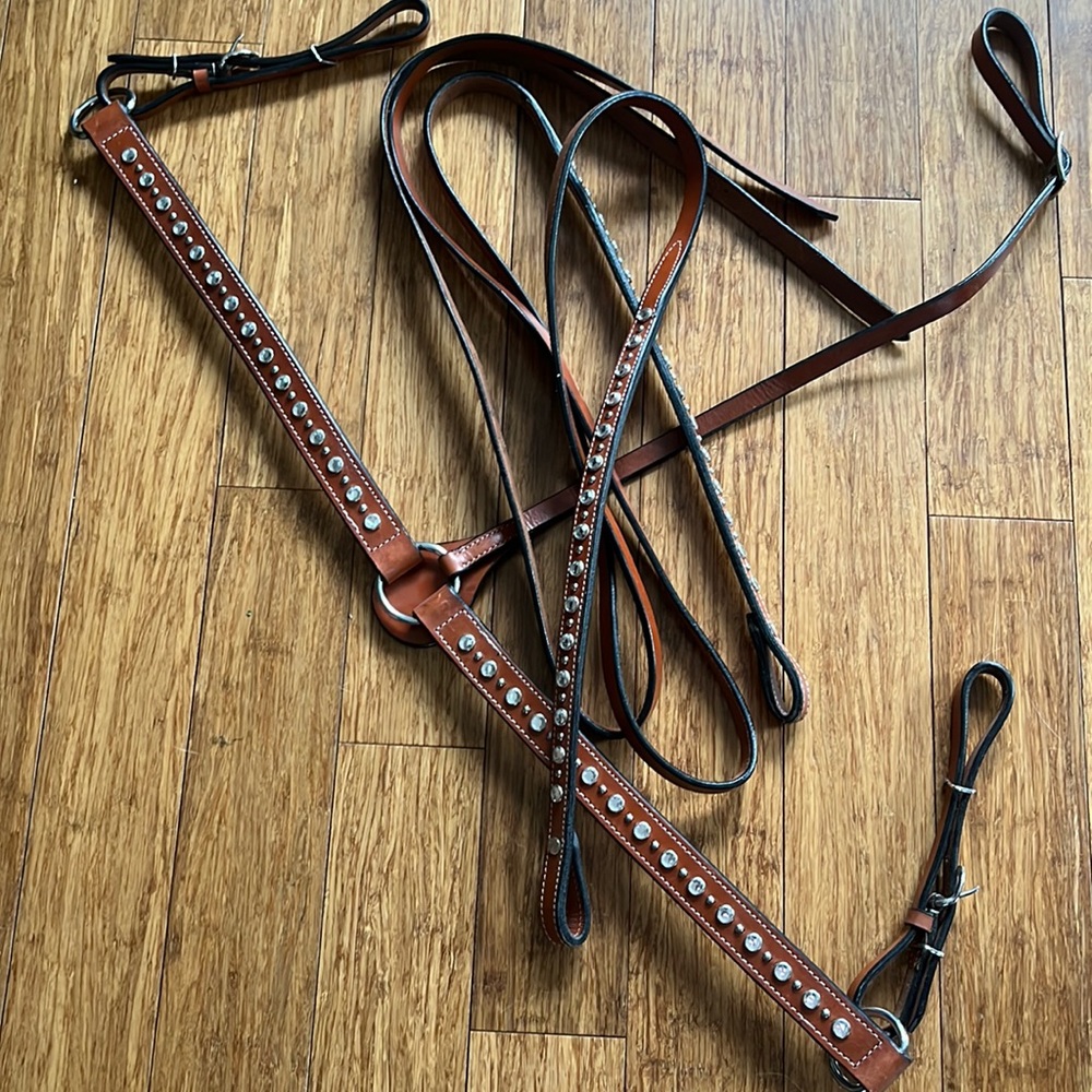 Western Straight 1 1/4” Studded Breast Collar and Reins w/ Nickel Hardware
